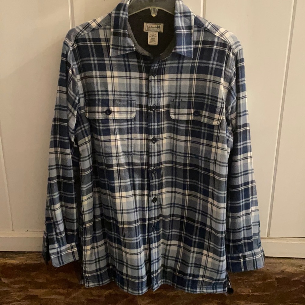 Men’s Size Small LL Bean Fleece-Lined Flannel Shirt blue and white plaid